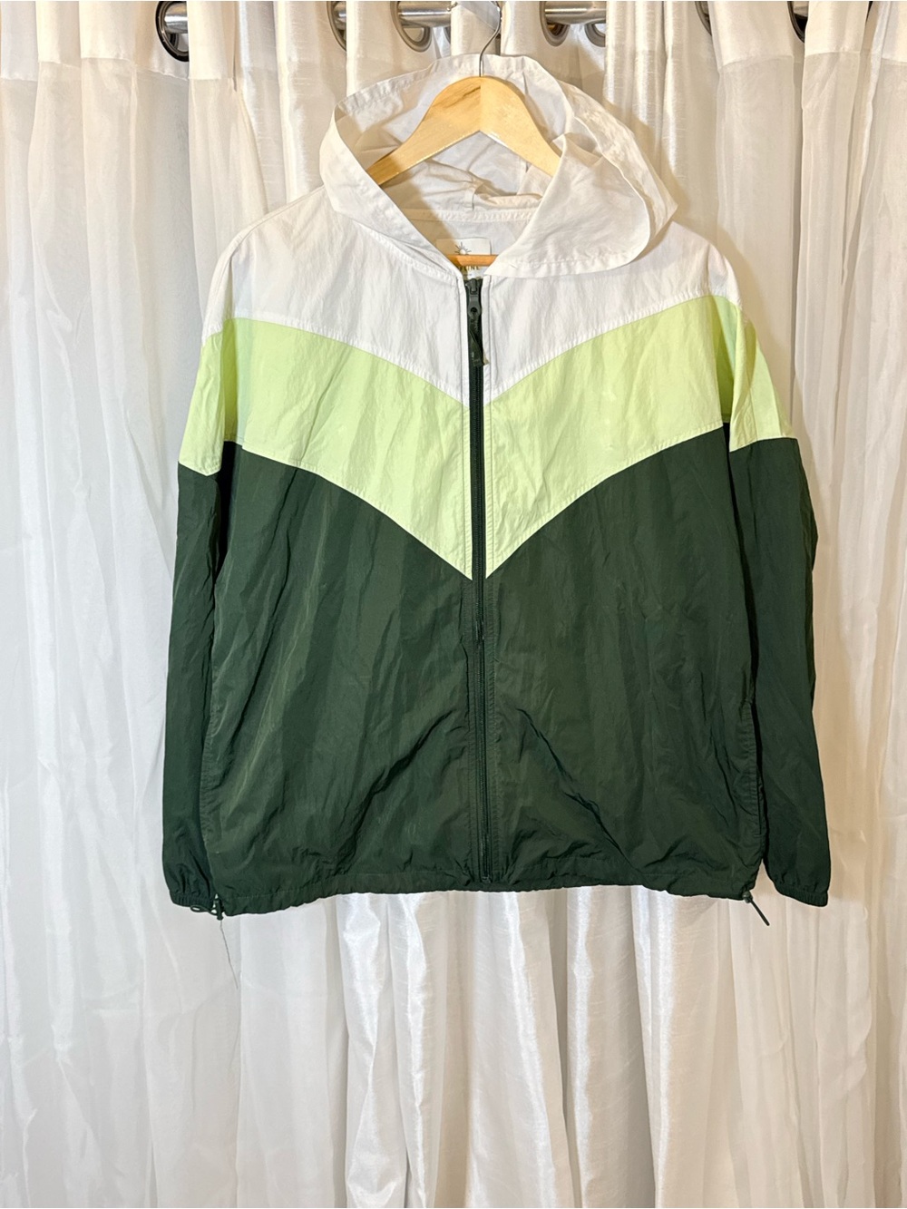 aerie Colorblock Hooded Windbreaker Jacket - Dark Green, Lime, White